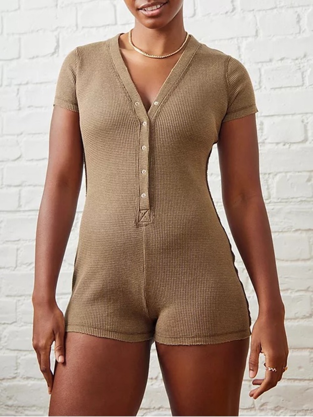 Free People Early Night Romper Waffle Knit Brown Green Small